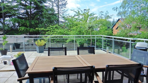 A patio with a table and chairs, surrounded by glass railings and potted plants.