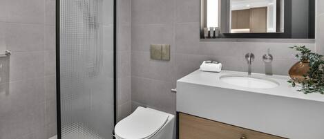 Ein modernes Badezimmer mit Duschkabine aus Glas, einer weißen Toilette, einem Waschbecken mit Spiegel darüber und einer kleinen Pflanze auf der Ablagefläche.