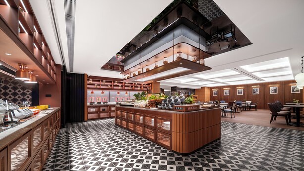 A modern hotel lobby with a central island, high ceilings, and a patterned floor. - Intercity Hotel Guangzhou Chimelong Wanbo Sihai City (Guangzhou)
