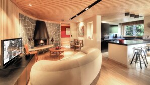 Un salon moderne avec une cheminée en pierre, un canapé, un téléviseur et un coin cuisine avec un bar.