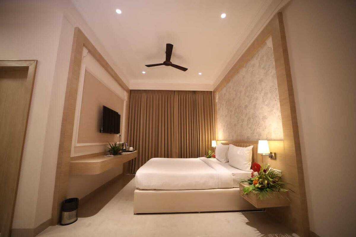 Habitación de hotel con cama, televisor, ventilador de techo, mesita de noche con lámpara y una planta.