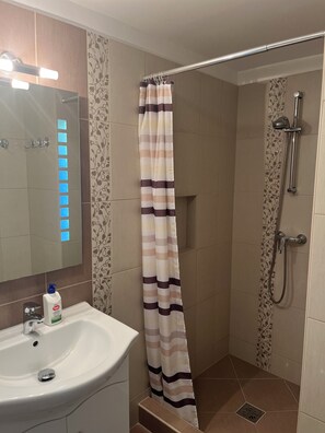 Une salle de bain avec une douche, un lavabo avec un miroir et un flacon de savon pour les mains.