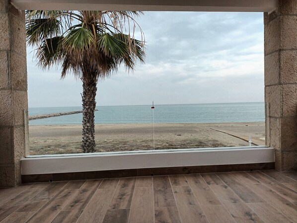 Ein Zimmer mit Blick auf einen Strand, eine Palme und einen Holzboden.
