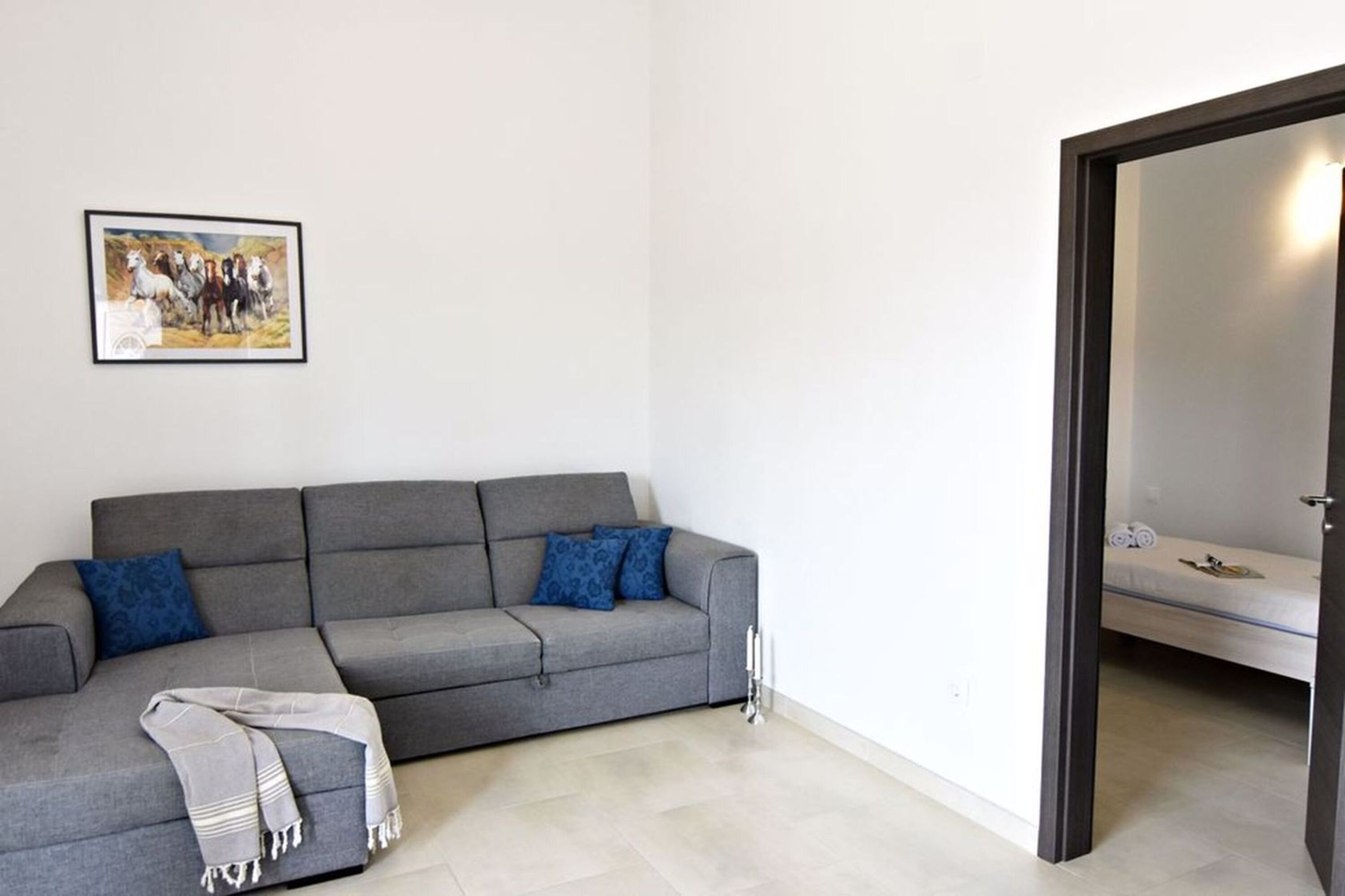A grey sofa with blue cushions, a framed picture on the wall, and a door leading to a room with a bed.