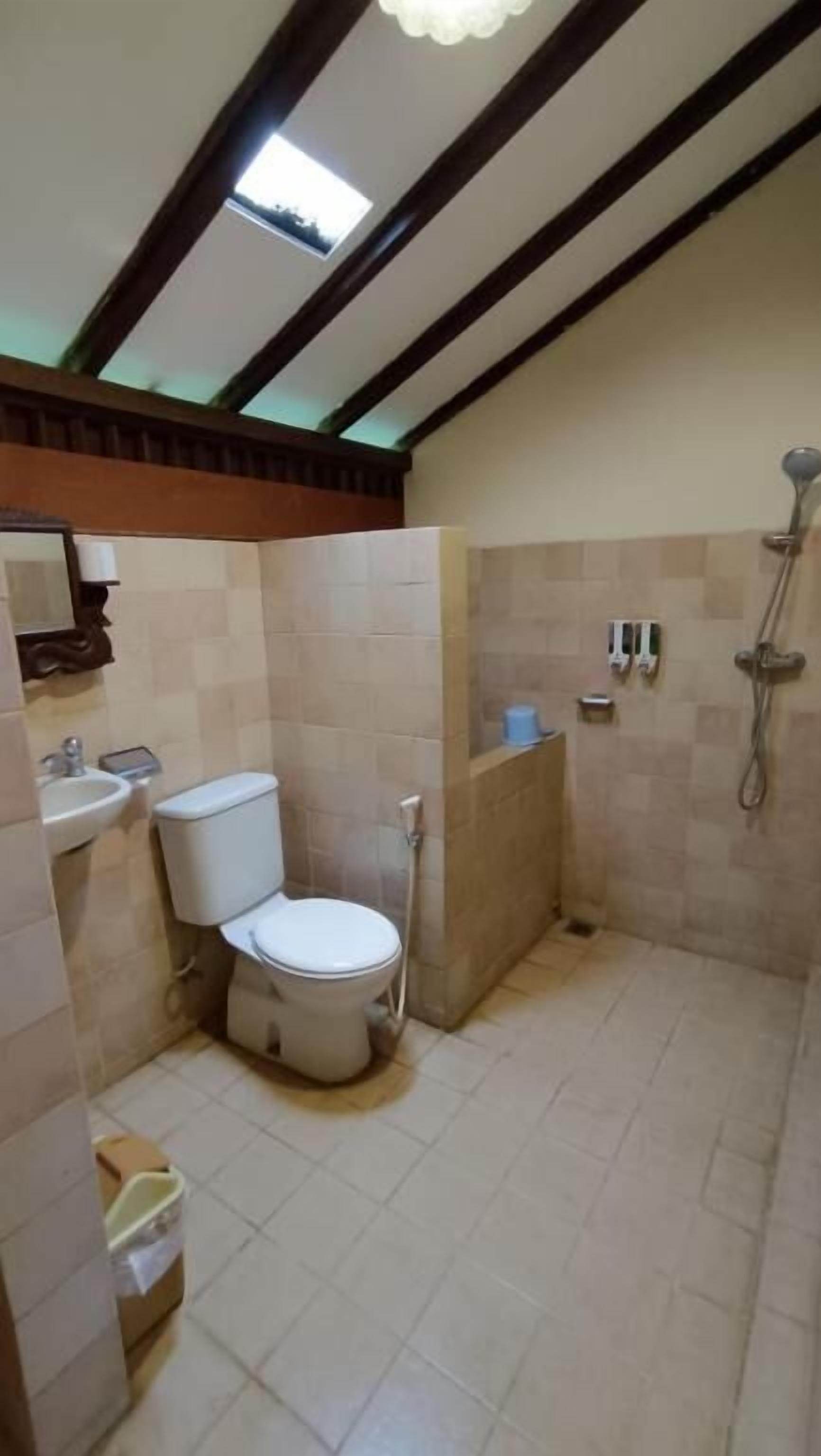 Un baño con inodoro, lavamanos y ducha.