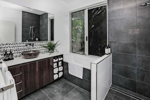 Chuveiro, secador de cabelo, shampoo 