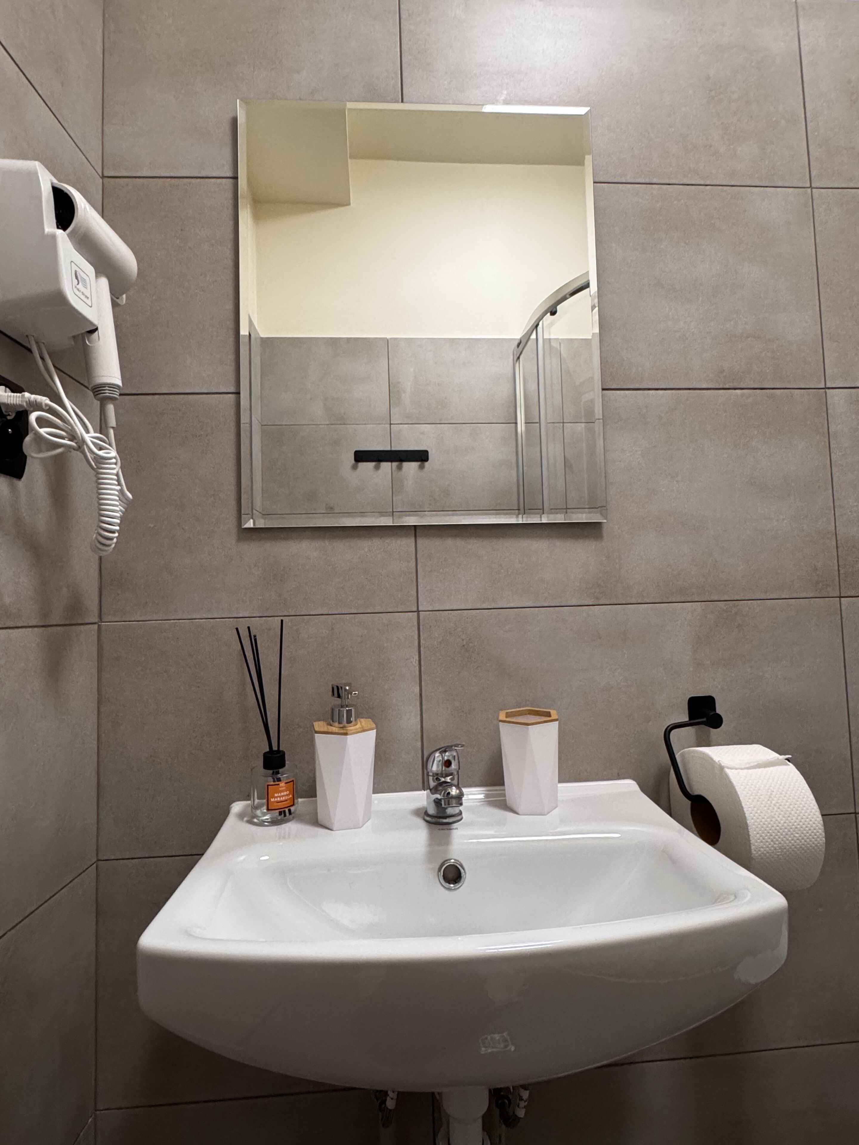 Ein Badezimmer mit Waschbecken, Spiegel, Fön, Seifenspender, Wasserhahn und Toilettenpapierhalter.