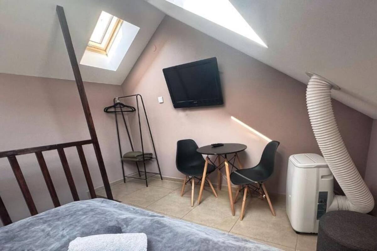 A small room with a bed, a table with chairs, a TV, a heater, and a skylight.