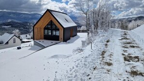 A modern cabin with a sloped roof, large windows, and a snow-covered landscape. - House With a Garden and a View of the Mountains (Makow Podhalanski)