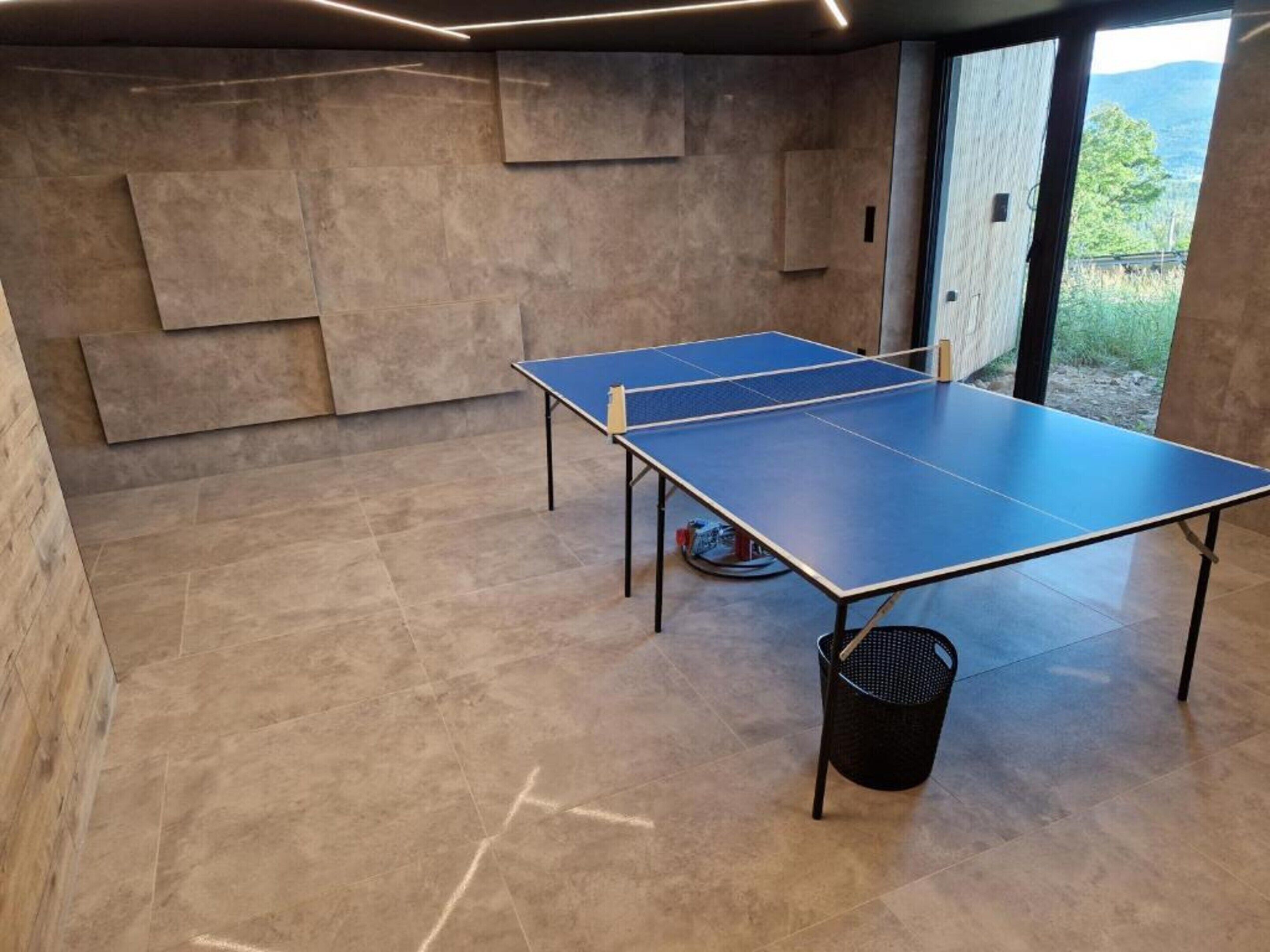 A ping pong table in a room with a tiled floor and a window with a view of greenery.