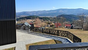 A view of a mountainous landscape with houses and a paved walkway. - House With a Garden and a View of the Mountains (Makow Podhalanski)