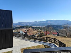 A view of a mountainous landscape with houses and a paved walkway. - House With a Garden and a View of the Mountains (Makow Podhalanski)