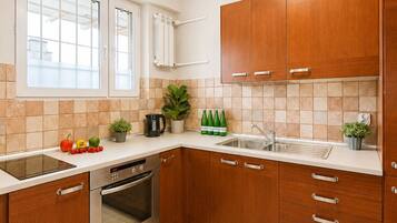 Comfort Apartment, City View | Private kitchen | Fridge, oven, stovetop, highchair