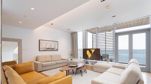 Luxury Apartment, Balcony, Sea View | Living area - Vogue | Bluewaters Residences steps away from Ain Dubai and Wharf Mall (Dubai)