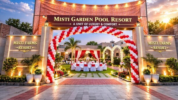 An entrance to Misti Garden Pool Resort with a red and white archway, a stage with draped curtains, and a well-lit pathway. - Misti Pool And Resort (Jaipur)
