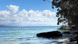 Una playa con agua cristalina, rocas y árboles.