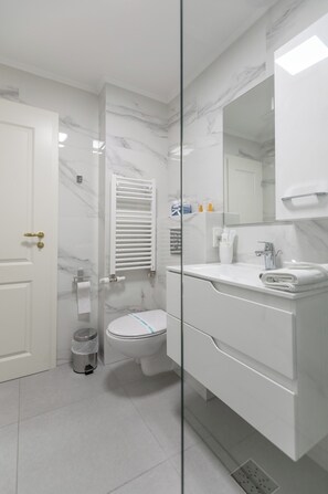 Dusche, Haartrockner, Handtücher, Seife