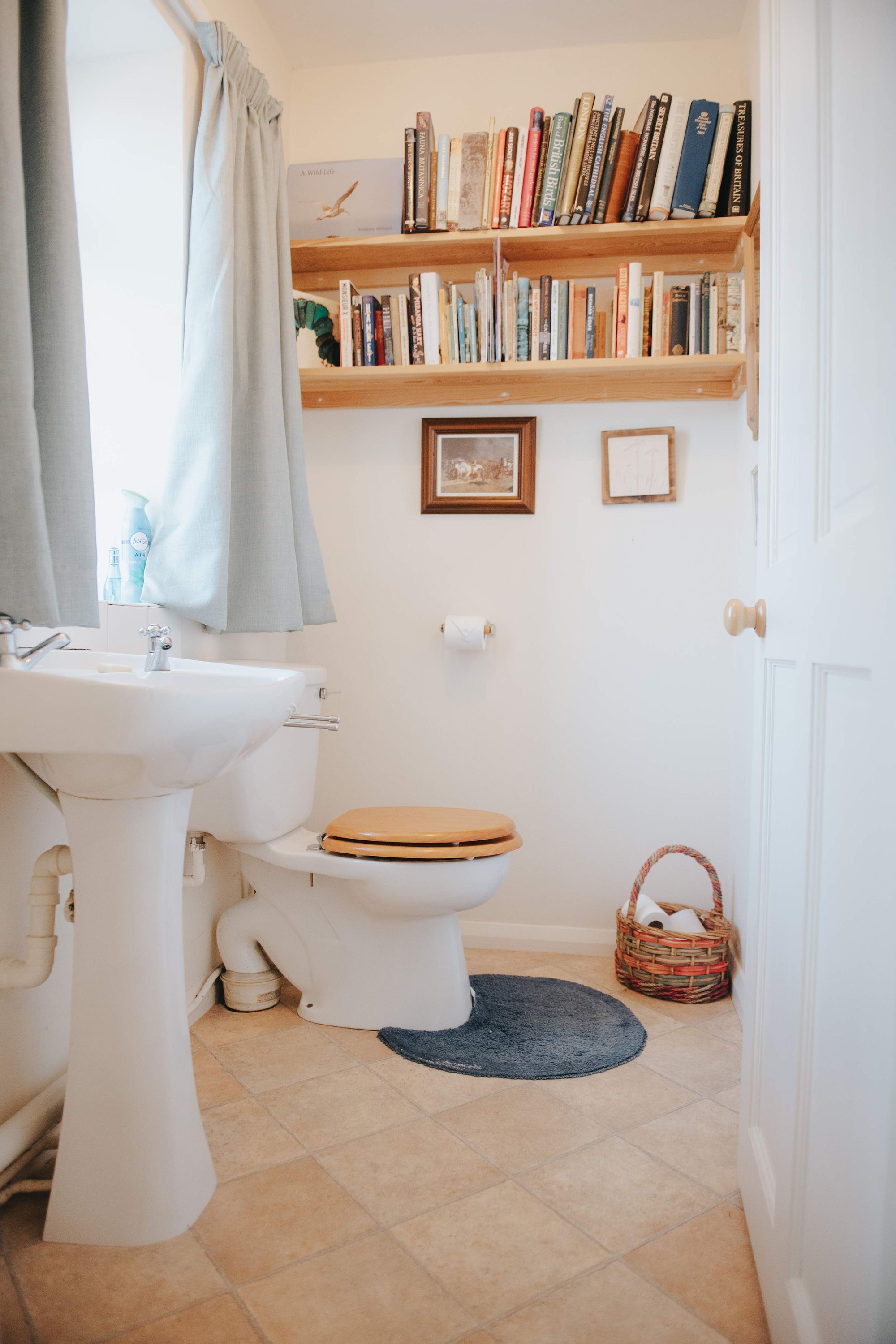 Ein Badezimmer mit Waschbecken, Toilette und Bücherregalen.