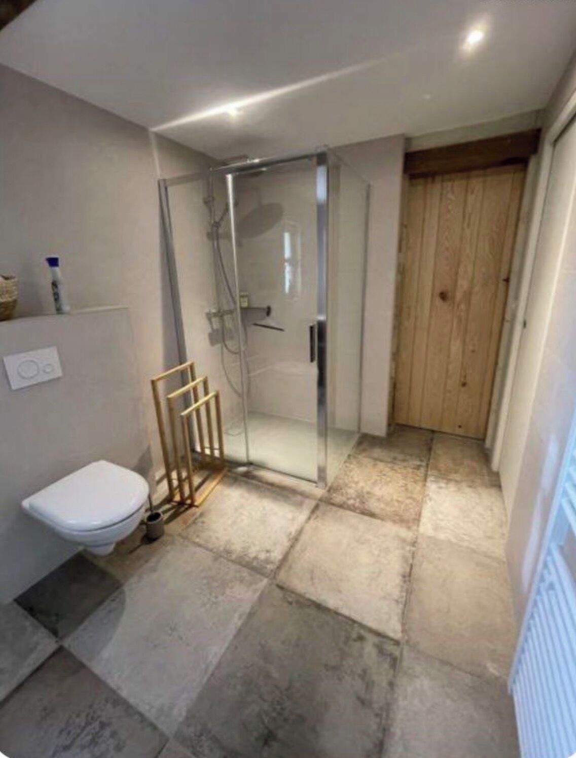 A bathroom with a glass shower enclosure, a toilet, and a wooden door.