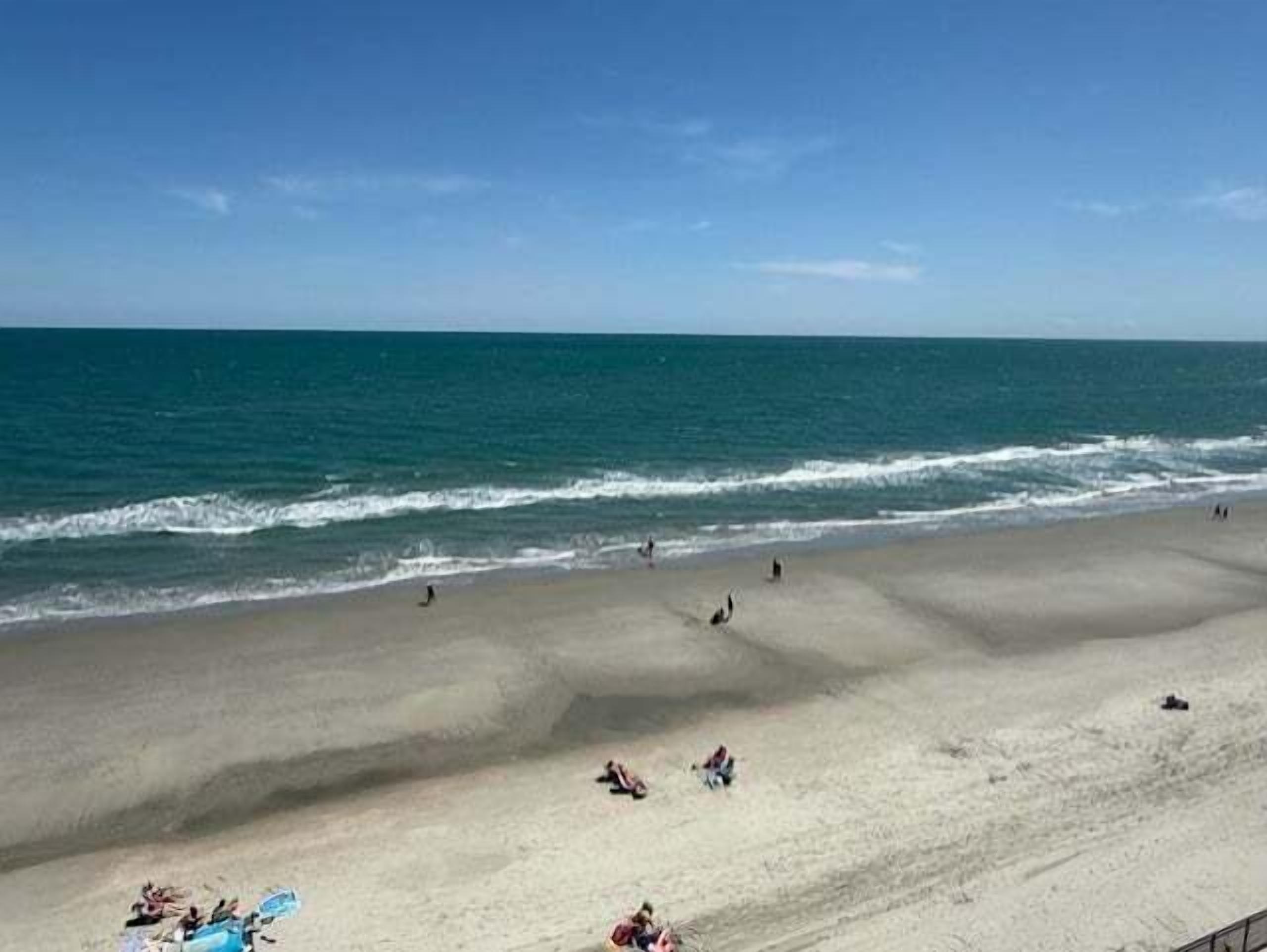 A beach with people, a clear sky, and the ocean.