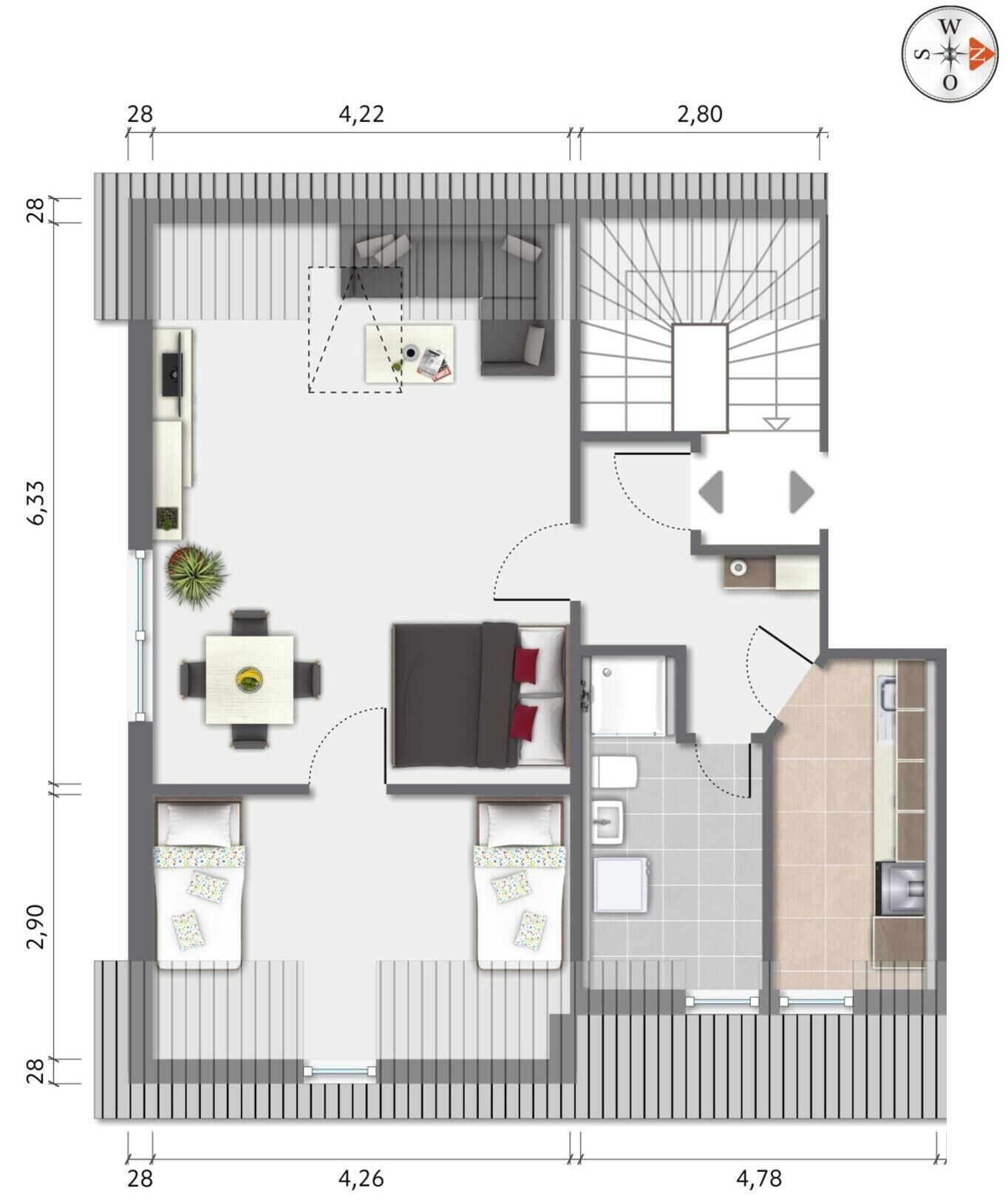 A floor plan of a hotel room with a bed, a desk, a chair, a small table, and a bathroom.