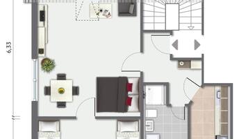 A floor plan of a hotel room with a bed, a desk, a chair, a small table, and a bathroom.