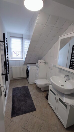 Dusche, Haartrockner, Handtücher, Seife