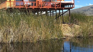 En stuga byggd av trä, med en glasveranda, som står på pålar över vattnet och erbjuder en fri utsikt över det omgivande landskapet.