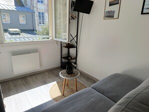 Ein Zimmer mit grauem Sofa, einem kleinen runden Tisch mit Geflecht, einem Fernseher auf einem schwarzen Schrank und einem Fenster mit Blick auf Gebäude.