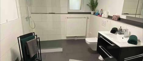 Shower, hair dryer, towels, soap