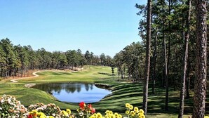 A golf course with a pond, surrounded by trees and flowers. - Up to Par in Hot Springs Village, AR (Hot Springs Village)