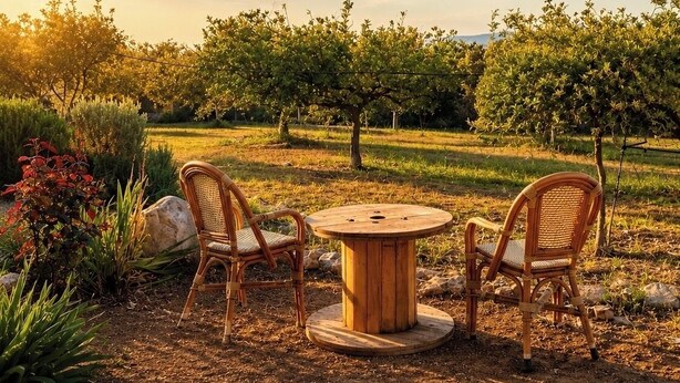 An outdoor seating area with two wicker chairs and a round wooden table, surrounded by a garden with various plants and trees. - OASIS 360° Apartment (Kos)