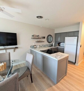 Coffee/tea maker, fridge, microwave, oven