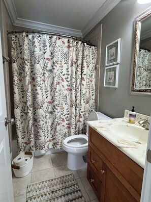 Un baño con inodoro, lavamanos, cortina de ducha con estampado floral, espejo y un cuadro en la pared.