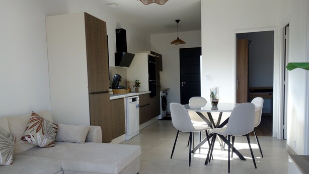 A modern living room with a sofa, a dining table with chairs, a small coffee table, and a kitchen area with a stove, sink, and cabinets.