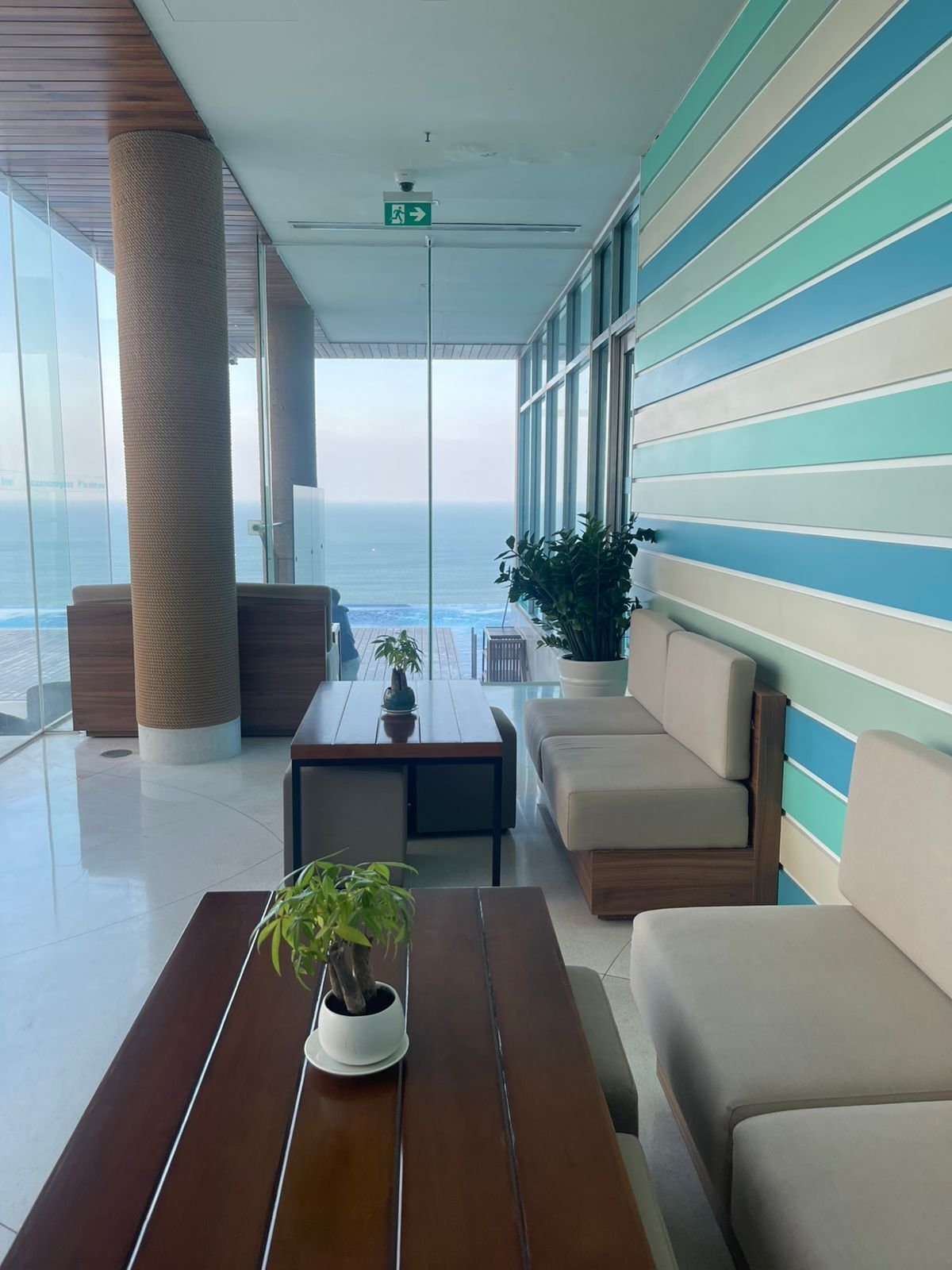 A modern lounge with a view of the ocean, featuring a wooden table, a sofa, and a potted plant.