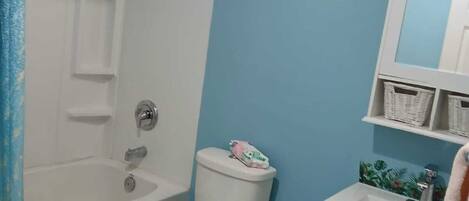 Secadora de cabello, toallas, jabón, papel de baño