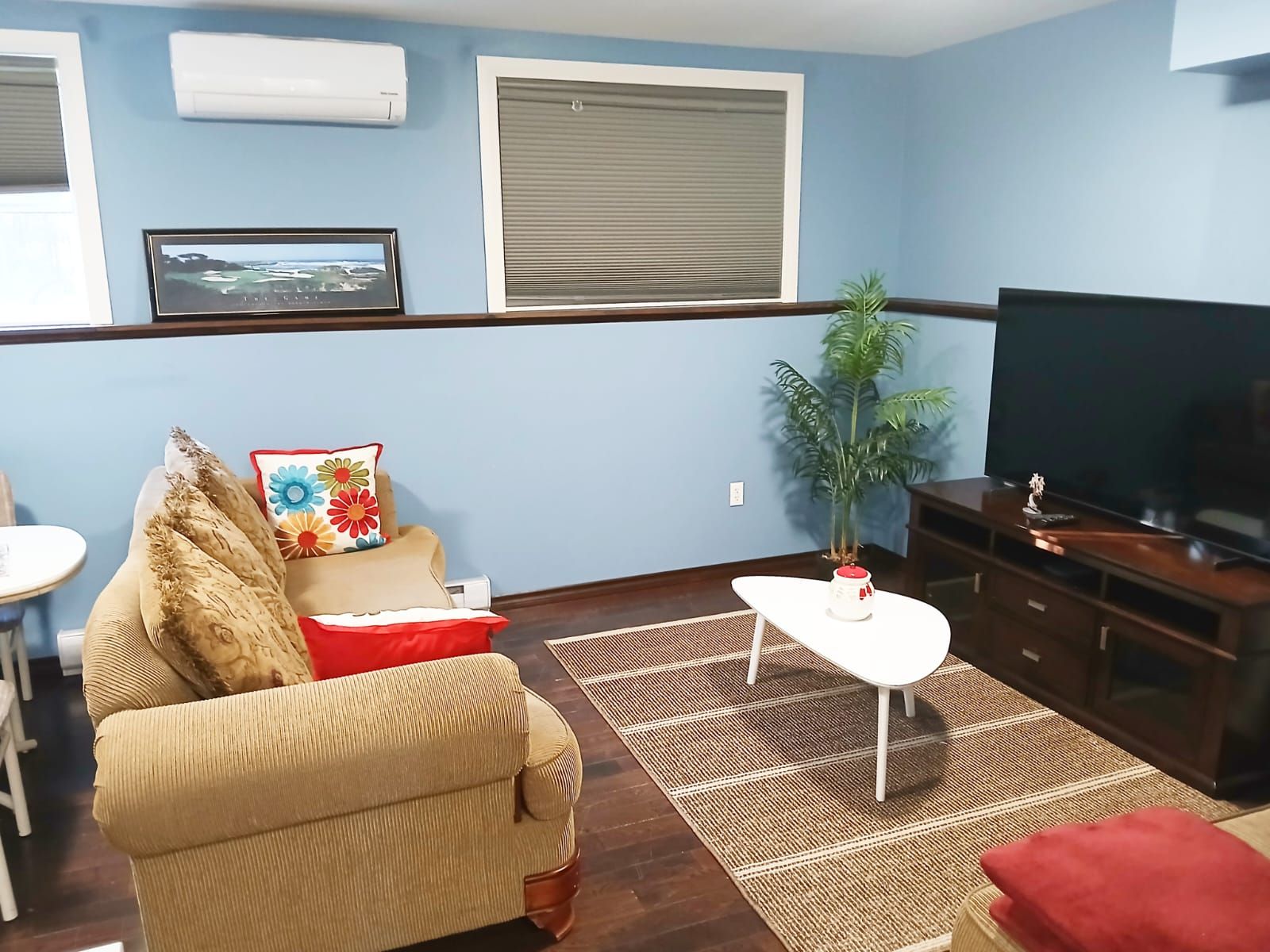 Una sala de estar con un sofá, una mesa de centro, un televisor y una planta.