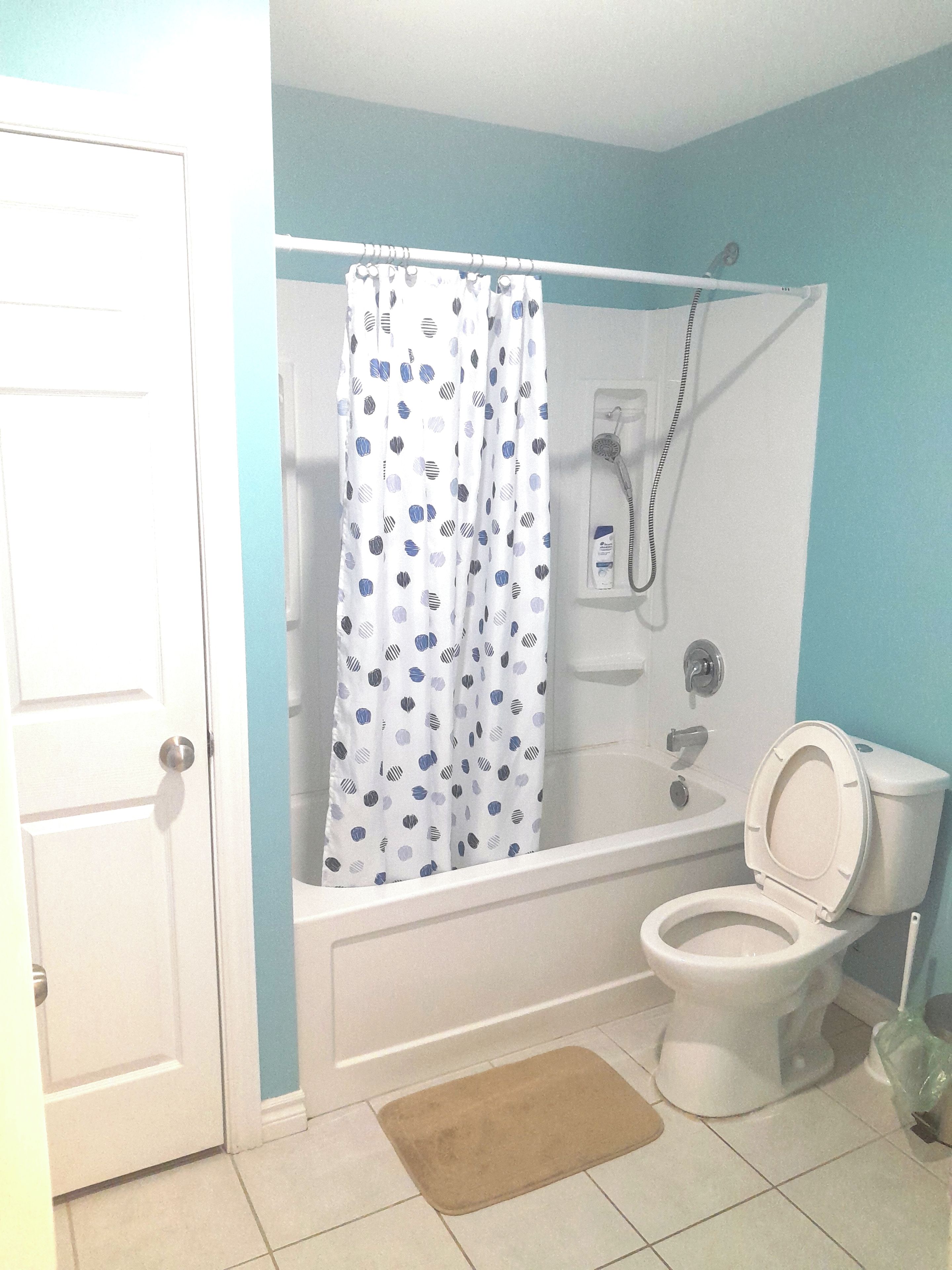 A bathroom with a bathtub, toilet, and a shower curtain.