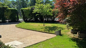 Une pelouse bien entretenue, avec une zone pavée, entourée d’arbres et d’arbustes.