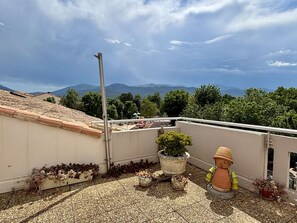 Eine Dachterrasse mit Blick auf Berge, Blumentöpfen und einem Metallpfosten.