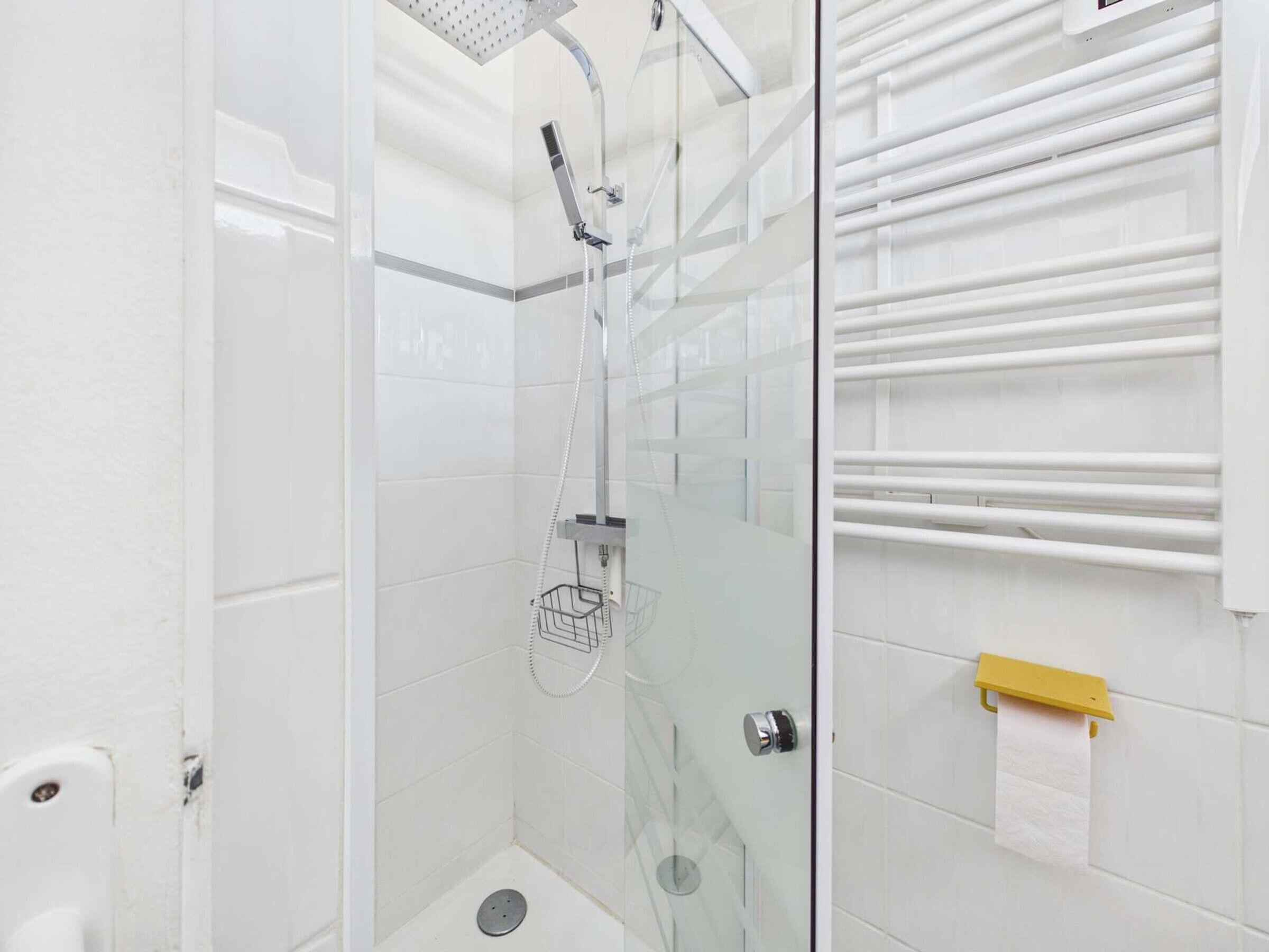 Una ducha con cabezal de ducha manual, puerta de cristal, toallero y un inodoro.