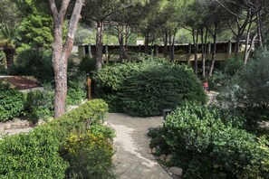 Un chemin de jardin bordé de divers arbustes et arbres, une clôture en bois et une poubelle.
