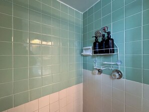 A bathroom with teal tiles, a shower with a handheld showerhead, and a shelf with toiletries. - Hotel w/ Gorgeous Views, Pool, Firepit: King (Yellville)