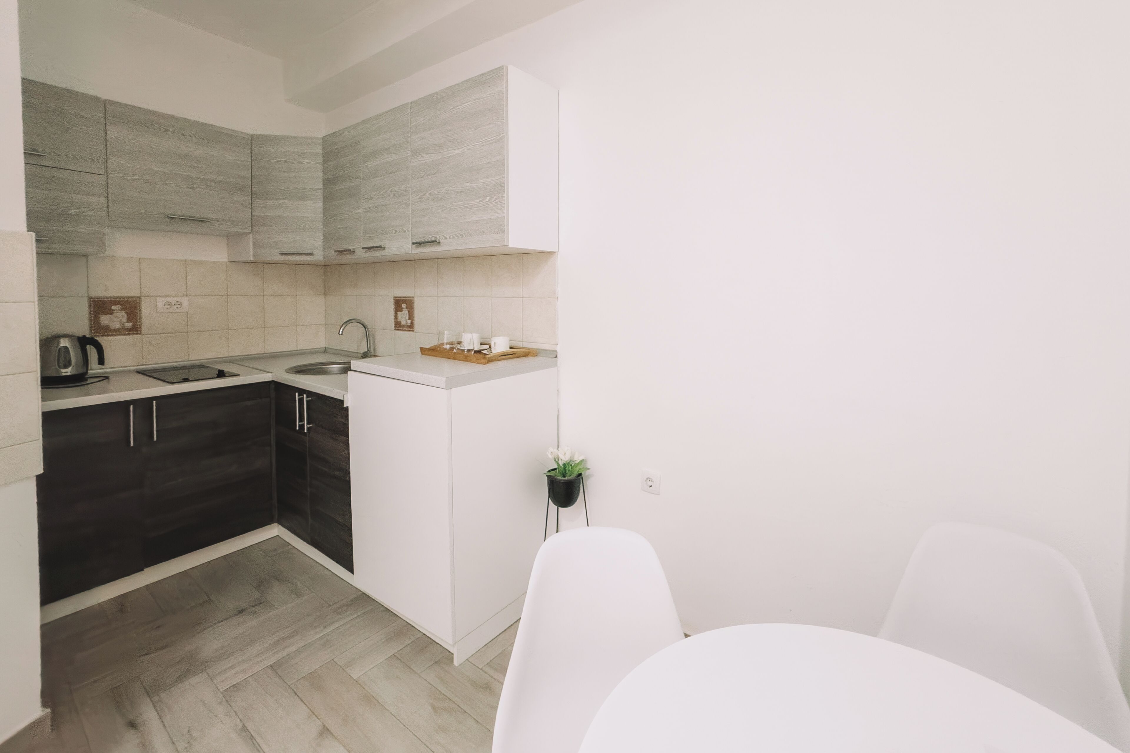 Une cuisine moderne avec des meubles de rangement aux couleurs sombres et claires, un évier et une petite plante en pot.