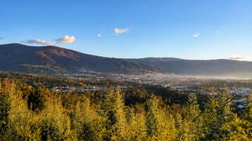 Un paysage montagneux avec une ville située dans la vallée.
