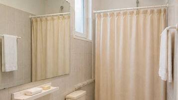 Hair dryer, towels, soap, toilet paper