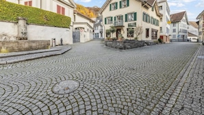Een straat met cobblestones, historische gebouwen, een stenen fontein en een bordje met 'Parkhotel Schwarzert'.