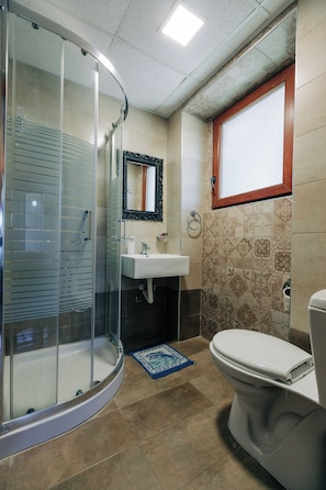 A bathroom with a glass-enclosed shower, a sink, a toilet, and patterned tiles.