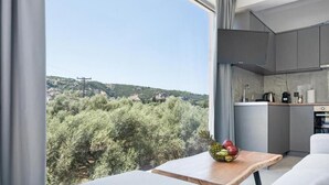 Een moderne keuken met uitzicht op een bergachtig landschap.